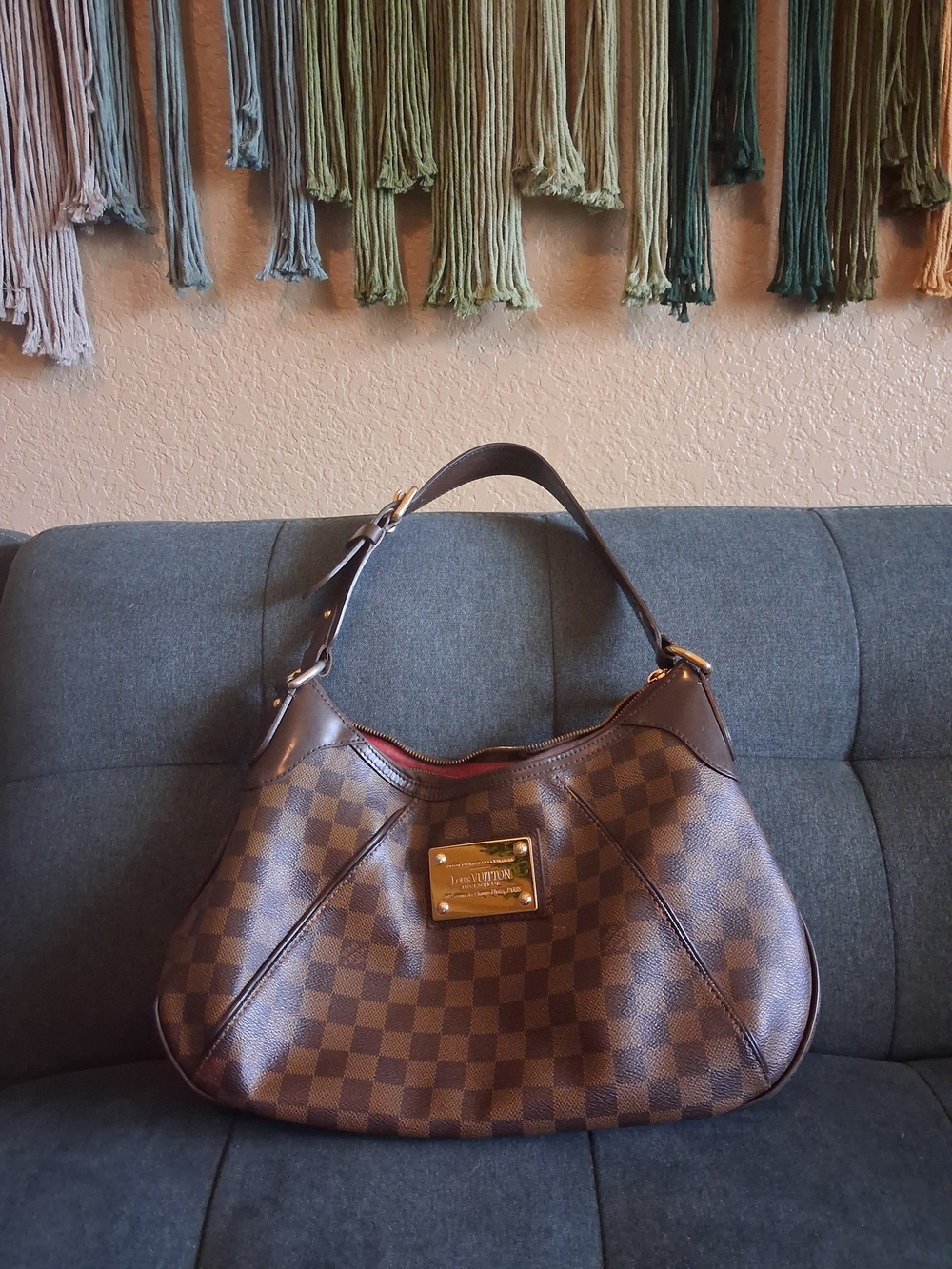 Authentic Louis Vuitton Brown Checkered Shoulder Bag with Gold Plate